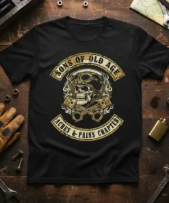 Sons of Old Age Aches & Pains Chapter t-shirt design with skull, pistons, and distressed text
