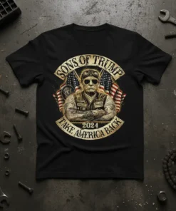 Sons of Trump 2024 Take America Back t-shirt design featuring a man in sunglasses with American flags and bold text