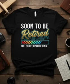 Black t-shirt with "SOON TO BE Retired THE COUNTDOWN BEGINS..." text and a retro progress bar graphic