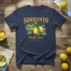 Sorrento Amalfi Coast Italia t-shirt design with yellow lemons and ornate scrollwork on navy blue fabric