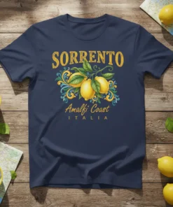 Sorrento Amalfi Coast Italia t-shirt design with yellow lemons and ornate scrollwork on navy blue fabric