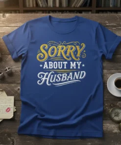 Sorry About My Husband funny quote t-shirt with gold and white lettering on a blue shirt