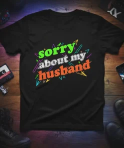 Sorry About My Husband funny wife t-shirt with colorful retro font design