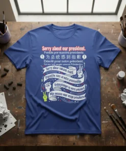 Sorry about our president. text design featuring stylish typography on quality t-shirt
