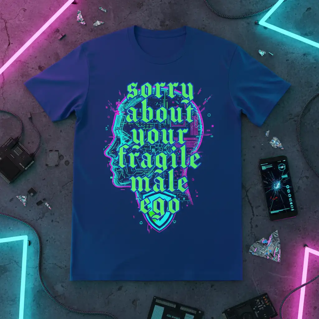 Sorry About Your Fragile Male Ego quote in neon green typography on a blue t-shirt with circuit board head design