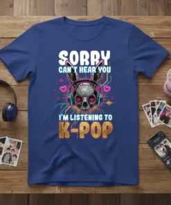 Sorry Can't Hear You I'm Listening To K-POP text with skull bunny graphic wearing headphones