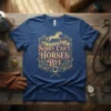 T-shirt featuring the text "Sorry. Can't. Horses. Bye." with a running horse graphic and equestrian tools
