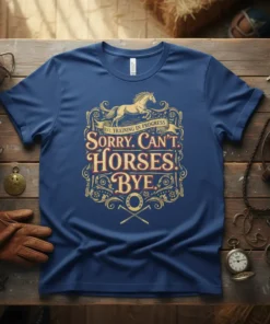 T-shirt featuring the text "Sorry. Can't. Horses. Bye." with a running horse graphic and equestrian tools