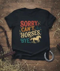 SORRY. CAN'T. HORSES. BYE. text with a running horse graphic on a black t-shirt