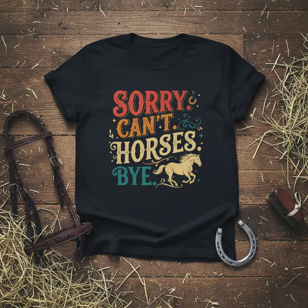 SORRY. CAN'T. HORSES. BYE. retro text design with running horse graphic on a black tee