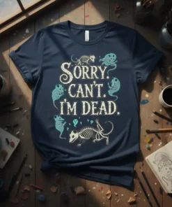 Sorry Can't I'm Dead T-Shirt with opossum skeleton and ghost graphics