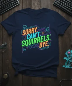 SORRY. CAN'T. SQUIRRELS. BYE. text design with colorful circuit board patterns and squirrel graphics on a navy t-shirt
