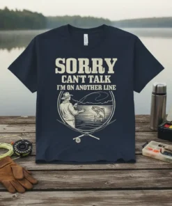Sorry Can't Talk I'm On Another Line fishing t-shirt with graphic of a fisherman reeling in a fish