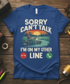 Sorry Can't Talk I'm On My Other Line fishing quote t-shirt with a man fishing at sunset