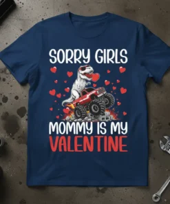 Sorry Girls Mommy Is My Valentine T-Shirt with dinosaur in monster truck and hearts