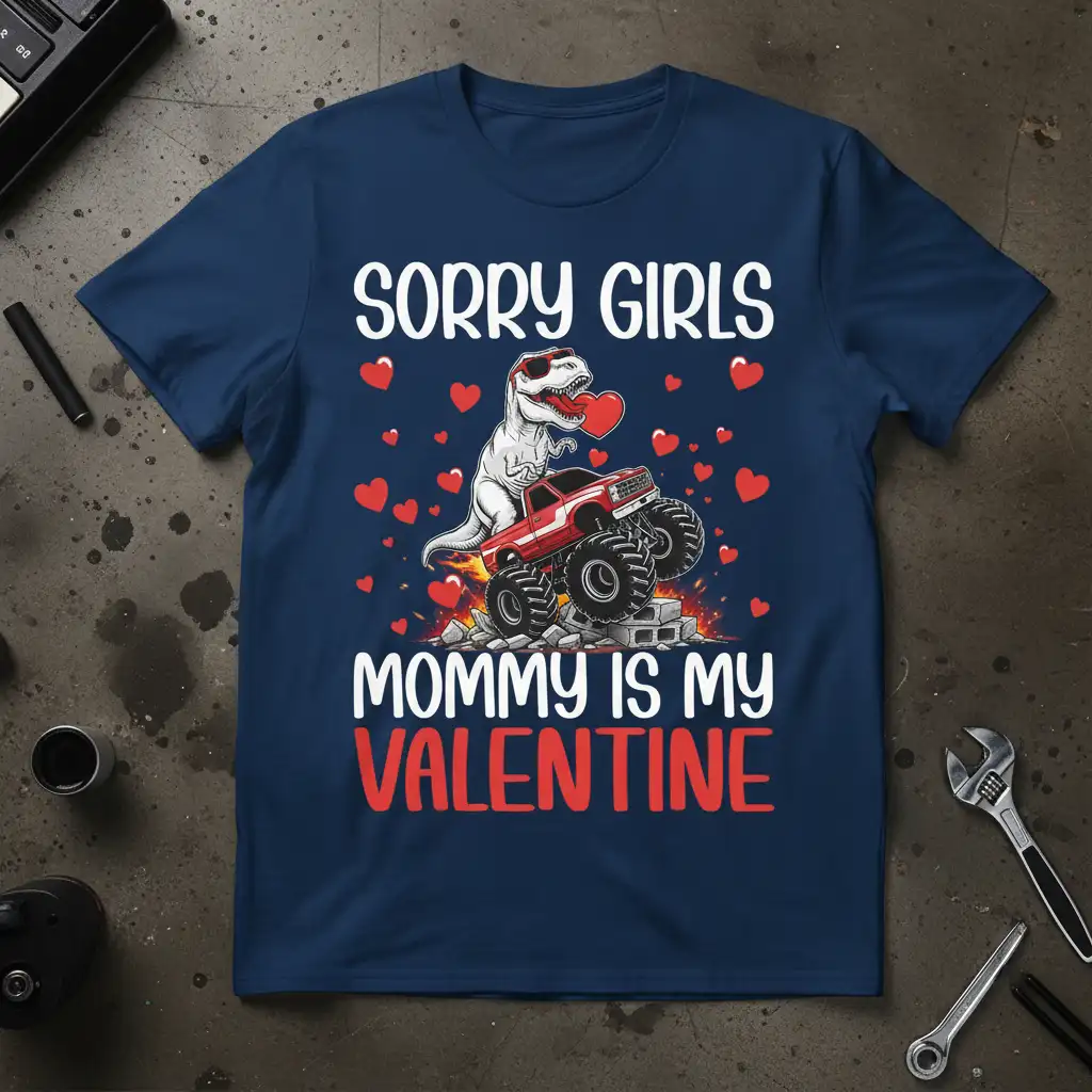 Sorry Girls Mommy Is My Valentine text with dinosaur driving monster truck on t-shirt