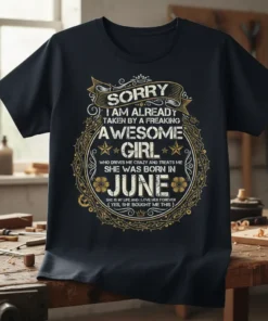 Sorry I Am Already Taken By A Freaking Awesome Girl June Birthday T-Shirt with quote and floral design
