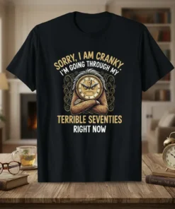 Sorry I Am Cranky I'm Going Through My Terrible Seventies Right Now quote on a black t-shirt featuring a grumpy