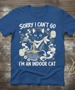 Sorry I Can't Go I'm An Indoor Cat text with a black cat eating ramen, Japanese lanterns and cherry blossoms