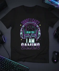 Sorry I Can't Hear You I Am Gaming T-Shirt featuring neon headphones, controllers, and text for gamers