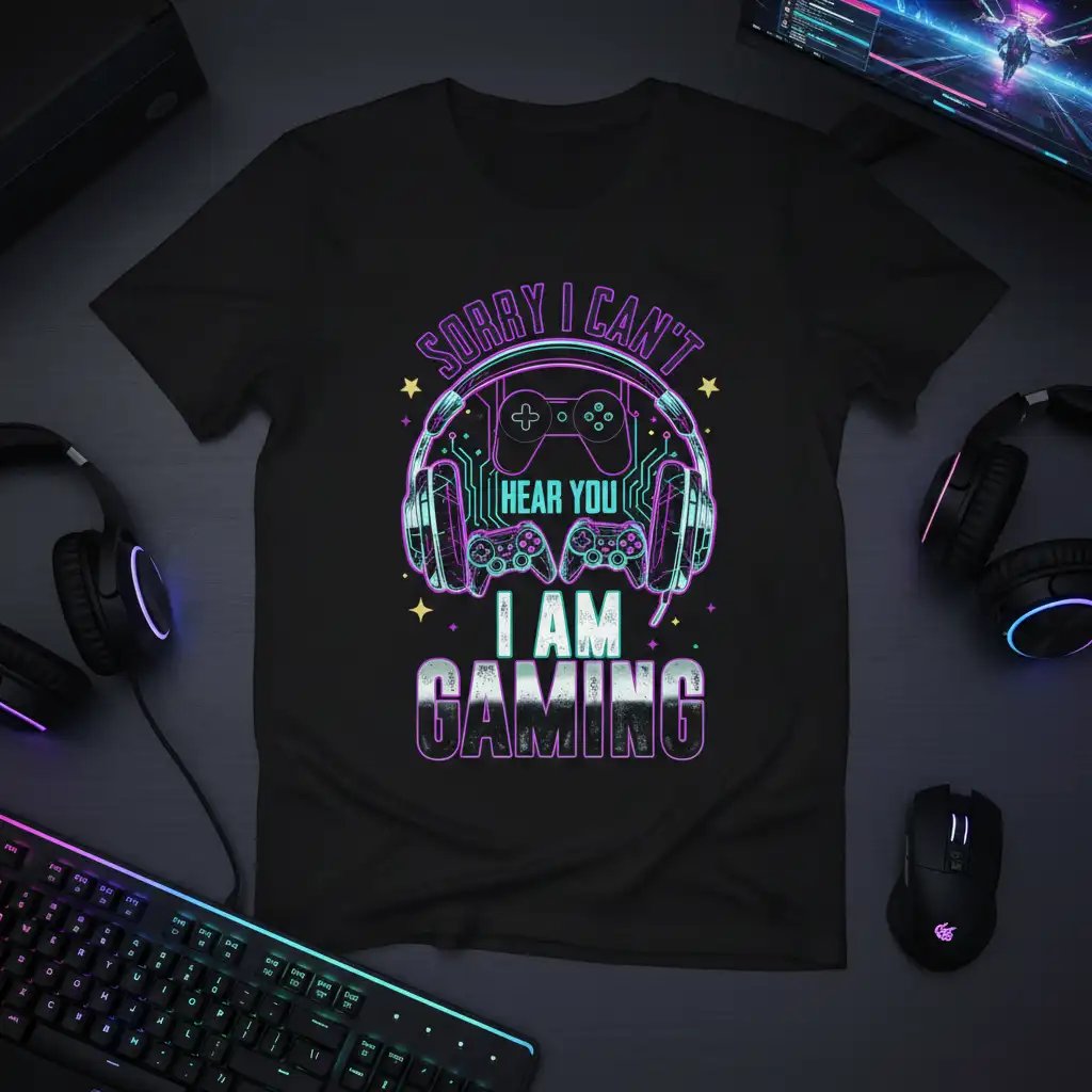 Sorry I Can't Hear You I Am Gaming quote with neon headphones and controllers design on a black tee