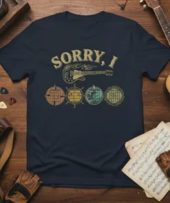 Sorry I Cant I Have Guitar T-Shirt featuring a vintage-style guitar and four circular graphics representing music and travel themes