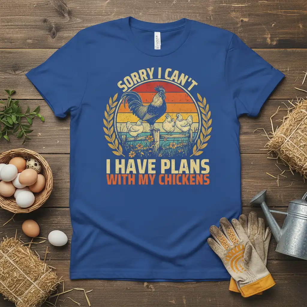 Sorry I Can't I Have Plans With My Chickens quote and vintage rooster hen graphic on blue tee