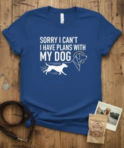 Sorry I Can't I Have Plans With My Dog text with running dog graphic on blue t-shirt