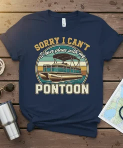Sorry I Can't I Have Plans With My PONTOON text with pontoon boat graphic on a navy t-shirt