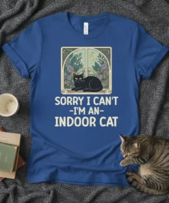 Black cat sitting by window with text "SORRY I CAN'T -I'M AN- INDOOR CAT" on a blue t-shirt