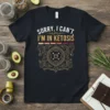 Sorry I Can't I'm In Ketosis text on a black t-shirt with decorative graphic elements