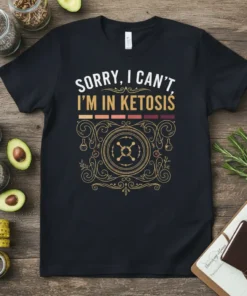 Sorry I Can't I'm In Ketosis text on a black t-shirt with decorative graphic elements