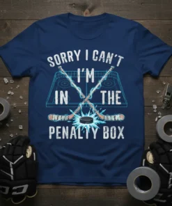 Sorry I Can't I'm In The Penalty Box hockey quote t-shirt with crossed sticks and puck graphic