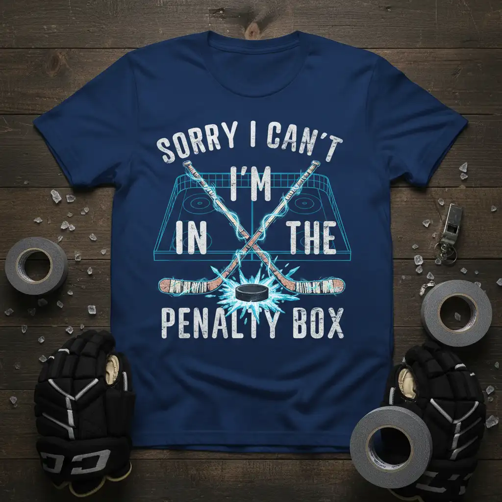 Sorry I Can't I'm In The Penalty Box hockey quote on a navy blue t-shirt with crossed sticks graphic