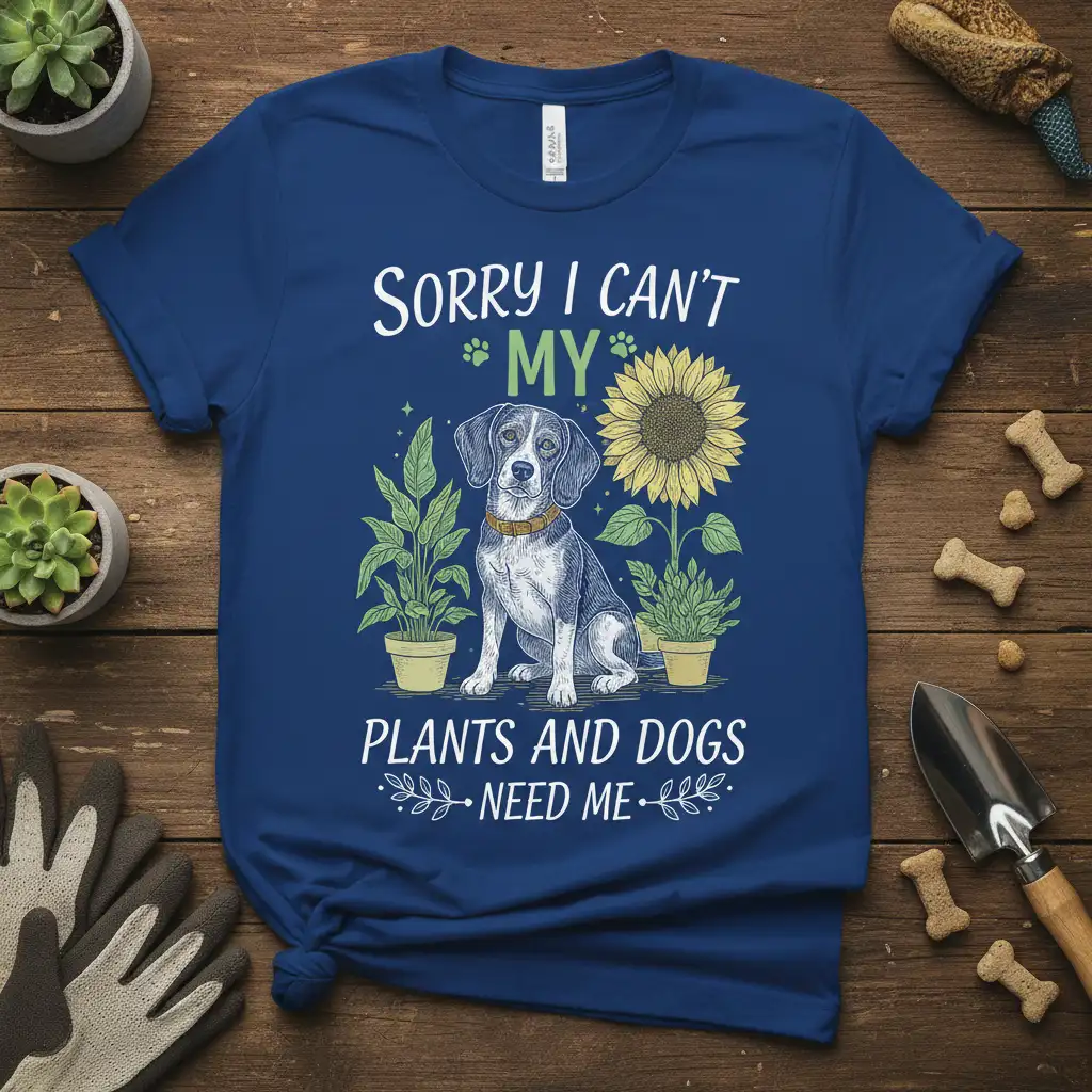 Sorry I Can't My Plants And Dogs Need Me quote t-shirt with beagle dog and gardening theme