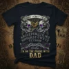 Sorry I Can't Talk I'm On The Phone With Dad t-shirt with Ouija board, skulls, roses, and bird graphic
