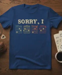 Sorry I Guitar Chords Skull T-Shirt design featuring vintage-style guitar chord diagrams with skull icons