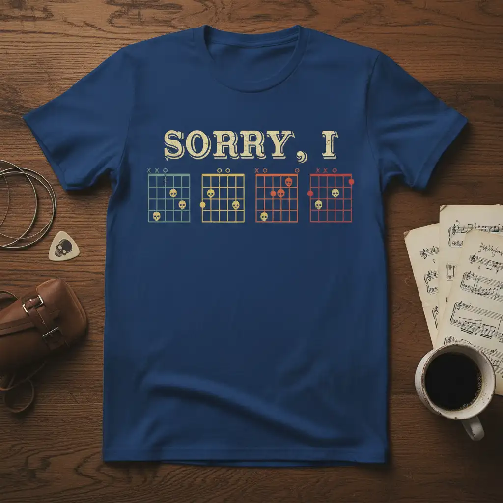 Sorry I Guitar Chords Skull t-shirt design with vintage typography and skull guitar chord diagrams