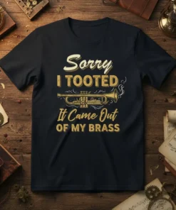 Sorry I TOOTED It Came Out OF MY BRASS text with trumpet graphic on a black t-shirt