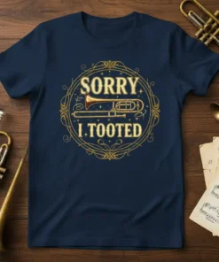 Navy blue t-shirt with "SORRY I TOOTED" text and a golden trombone graphic inside an ornate circular frame