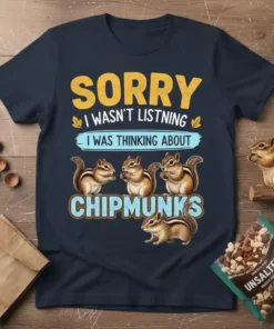 Sorry I Wasn't Listening I Was Thinking About Chipmunks text with cute chipmunk graphics on a navy t-shirt