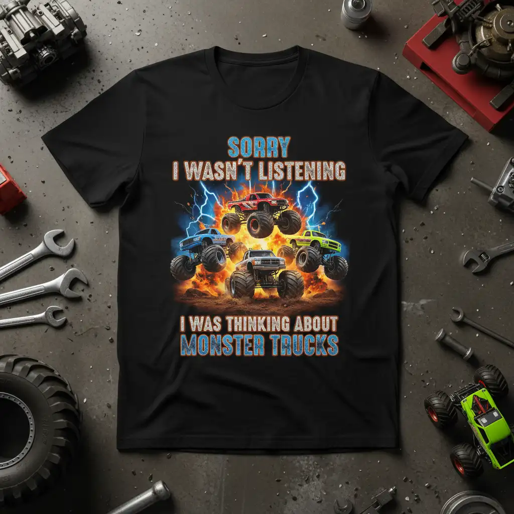Sorry I Wasn't Listening I Was Thinking About Monster Trucks quote on a black t-shirt with graphic of monster trucks