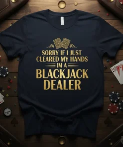 Sorry If I Just Cleared My Hands Im A Blackjack Dealer quote on a navy t-shirt, featuring gold foil text