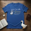 Christian t-shirt with white text "sorry i'm late his timing, not mine" and Ecclesiastes 3:1, featuring a white duck and