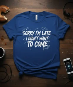 White text on blue t-shirt reading "SORRY I'M LATE I DIDN'T WANT TO COME" with doodle clocks and lines