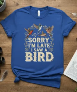 Sorry I'm Late I Saw a Bird quote t-shirt design with vintage floral wreath and four colorful birds illustration