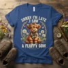 Sorry I'm Late I Saw A Fluffy Cow graphic t-shirt featuring a cute Highland cow with a bow tie