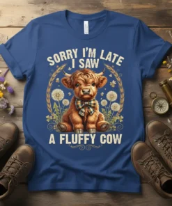 Sorry I'm Late I Saw A Fluffy Cow graphic t-shirt featuring a cute Highland cow with a bow tie