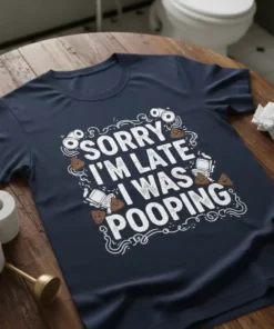 White text "SORRY I'M LATE I WAS POOPING" with cartoon poop emojis and toilet graphics on a navy blue t-shirt