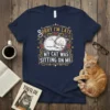 Sorry I'm Late My Cat Was Sitting On Me humorous quote t-shirt design with a sleeping white cat graphic and